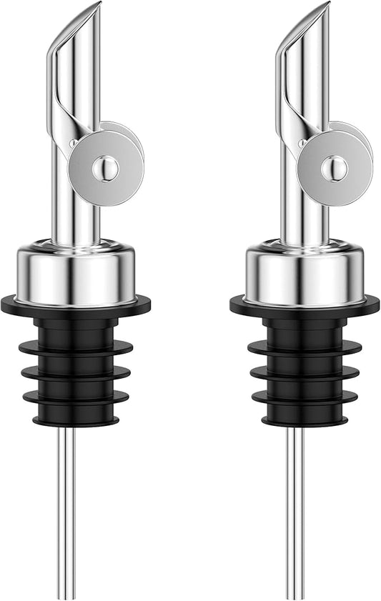 Auto Flip Liquor Pour Spouts 2-Pack, Leak-Proof 304 Stainless Steel Wine Pourer & Olive Oil Dispenser with Food-Grade Silicone for Kitchen, Bar, Restaurant (Silver)