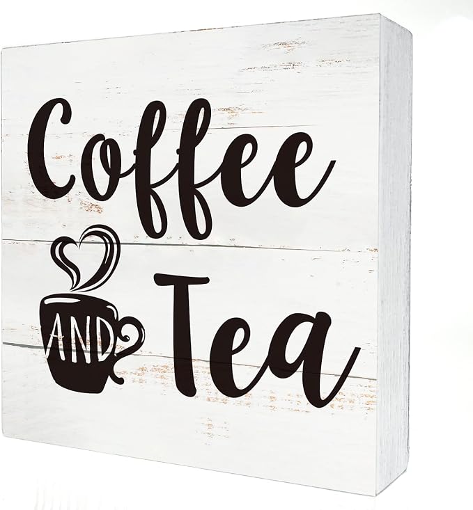 Coffee and Tea Wood Box Sign Kitchen Home Decor, Rustic Funny Coffee Wooden Box Sign Block Plaque for Wall Tabletop Desk Decoration by HDKY