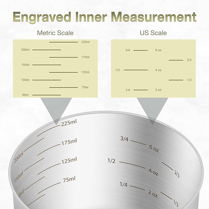 1PCS 1Cup (240ml, 8oz) Single Measuring Cup, Etched Inner Scale Stainless Steel Measure Scoop, Metric and US Measurement, Dishwasher Safe