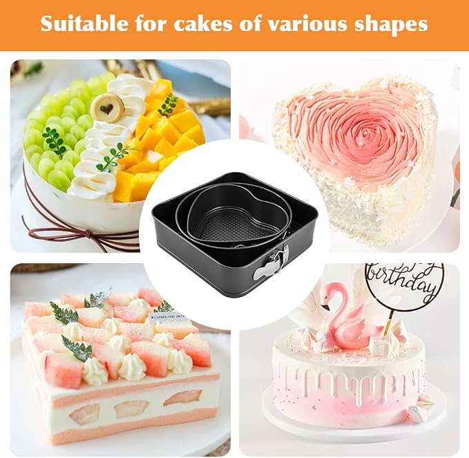 Springform Pan Set of 3 (7,8,9 Inch) - Round, Square and Heart Shaped Leakproof Cheesecake Pans with Removable Bottom, Nonstick Carbon Steel Cake Tin for Valentine‘s Day, Anniversary Baking - Image 8