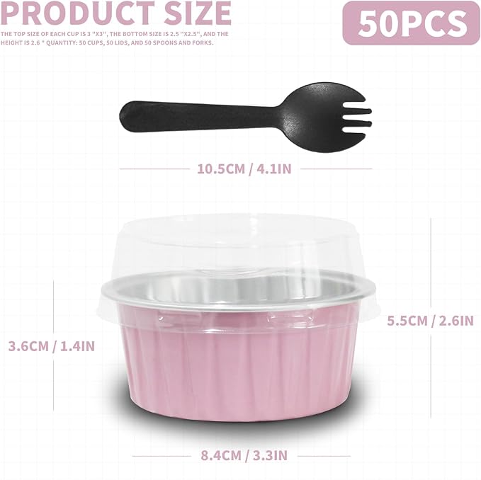 Mother's Day 50Pcs Mini Aluminum Foil Cupcake,5oz Pink Baking Cups with Lid | Mini Cake Pans,Oven Safe,Loaf Pans with Lids,Disposable Ramekins,Tin Cups Containers for Cupcake,Muffin,Cheesecake - Image 2