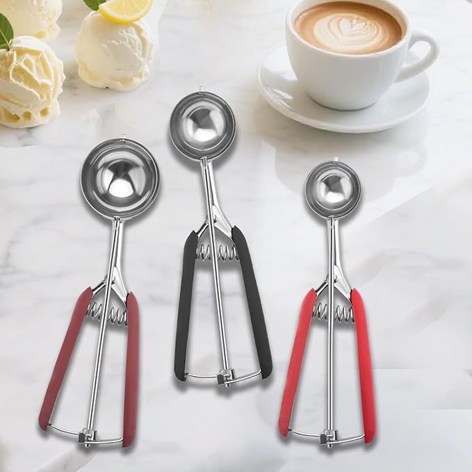 Cookie Scoops for Baking Set of 3, 18/8 Stainless Steel Ice Cream Scoop, 1 Tbsp/2 Tbsp/3 Tbsp Cookie Dough Scoop, Red/Black/Burgundy Non-slip Grip, for Cookie Cupcake Muffin Ice Cream