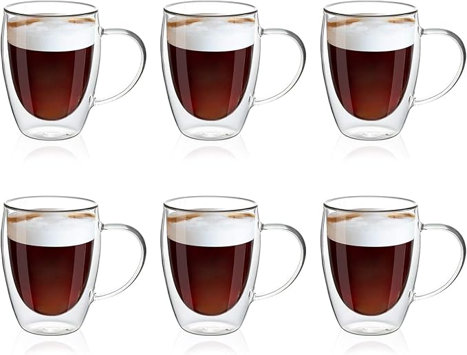 MEWAY 12oz/6 pack Coffee Mugs,Clear Glass Double Wall Cup with handle for Coffee, Tea, Latte, Cappuccino (12 oz，6) by MEWAY