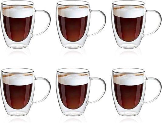 MEWAY 12oz/6 pack Coffee Mugs,Clear Glass Double Wall Cup with handle for Coffee, Tea, Latte, Cappuccino (12 oz，6) by MEWAY