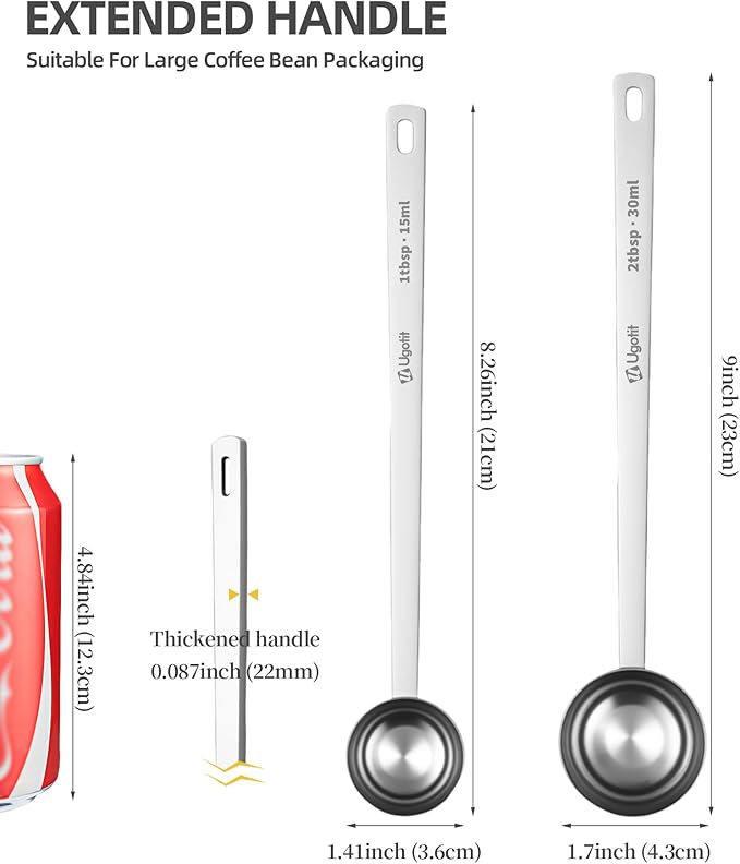 Ugotit Coffee Scoop for Ground Coffee, 304 Stainless Steel Long Handled Measuring Scoop Set, 2 Tablespoon Coffee Bean Scoop for Protein Powder, Tea, Baking (2pcs)