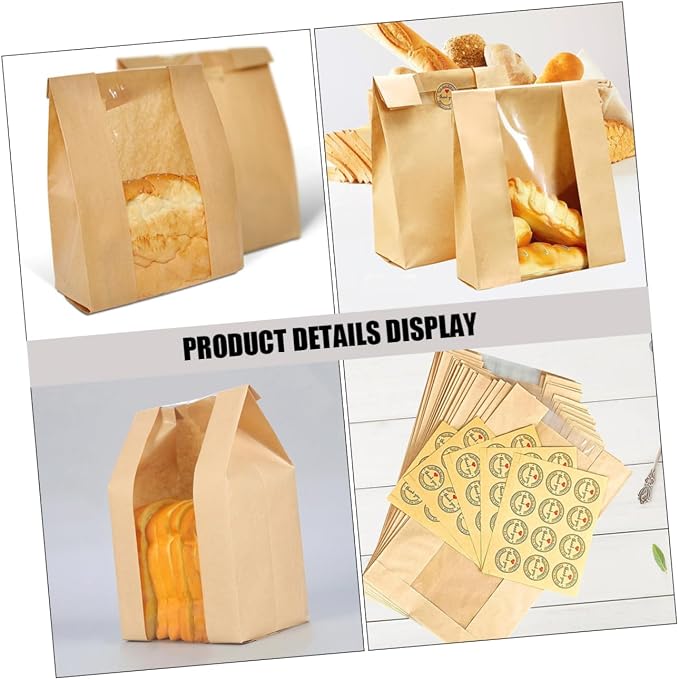 1set Paper Bread Bags Window and Thank You Stickers for Bakery Packaging Oilproof and Design for Homemade Breads and Baked Goods - Image 3
