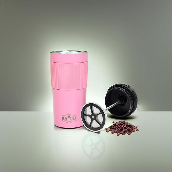 Portable French Press Travel Mug – Insulated Stainless Steel French Press Mug for Hot or Cold Brew – Durable Travel Coffee Maker – On-the-Go Tea & Coffee Maker (Pink)