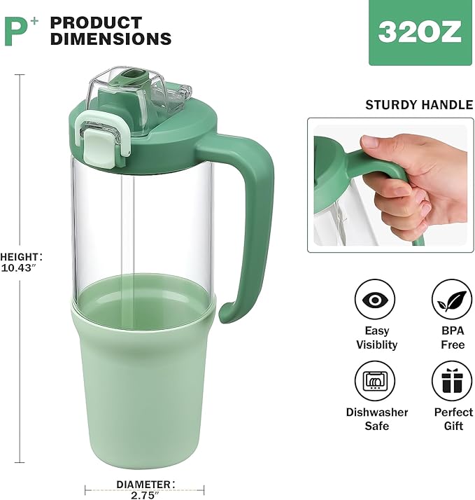 32 oz Glass Tumbler with Handle, 2-in-1 Straw and Sip Spout, Leakproof, BPA-Free Glass Water Bottle for Sports, Office, School, Light Green