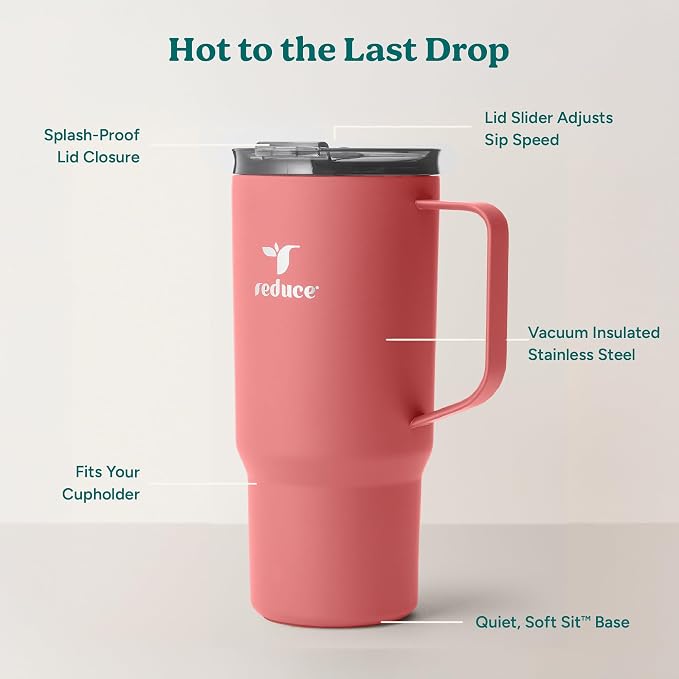 REDUCE 24 oz Hot1 Vacuum Insulated Mug for Hot Tea, Coffee and Other Hot Drinks - With Flo-Motion Lid and Handle, Single-Serve and Cupholder Friendly, Keeps Drinks Hot for up to 8 Hrs, Baked Clay - Image 4