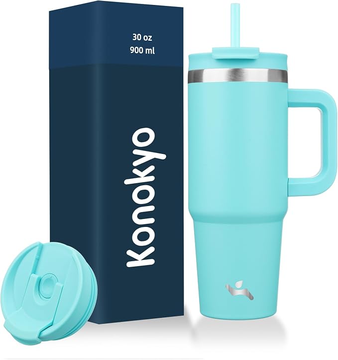 Konokyo 30 oz Insulated Tumbler Water Bottle with Handle, Straw Lid | BPA-free and dishwasher safe; made for gym, travel, coffee and gifting, 2 straws, cup holder friendly,Turquoise by Konokyo