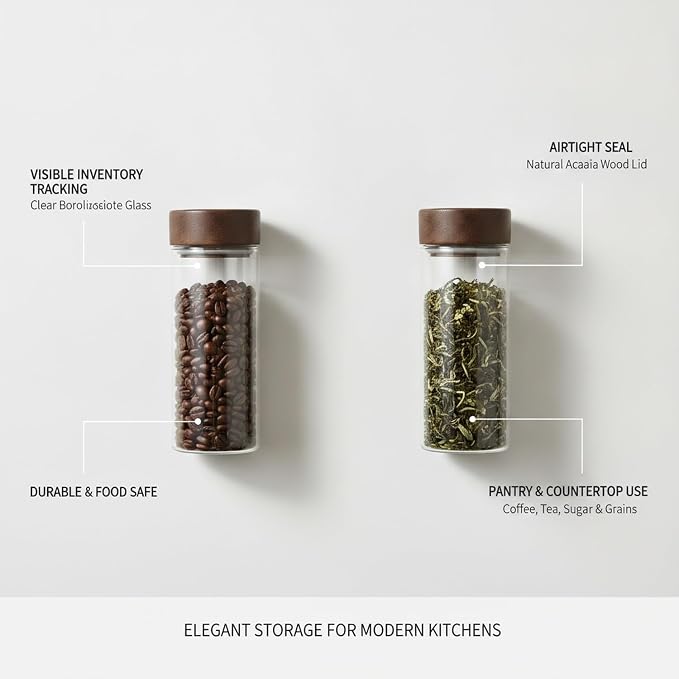 Glass Storage Jar with Acacia Wood Lid, Borosilicate Food Canister for Coffee Beans Tea Sugar Dry Pantry Staples (1 PC) - Image 5