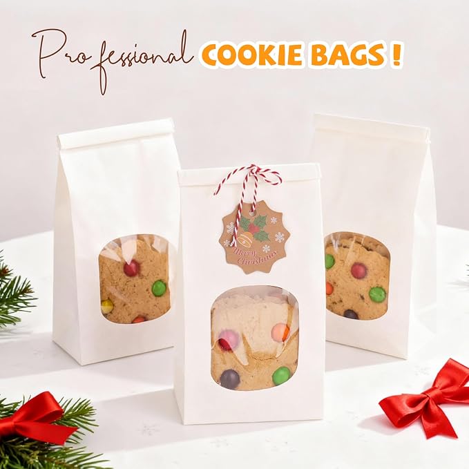 100 Pack Bakery Bags with Window, 3.9x2.3x8 Inches Tin Tie Tab Paper Cookie Bags White Small Gift Bag for Packaging Popcorn, Trail Mix, Treats, Snacks, Baked Goods, Party Favors | Grease Resistant - Image 4