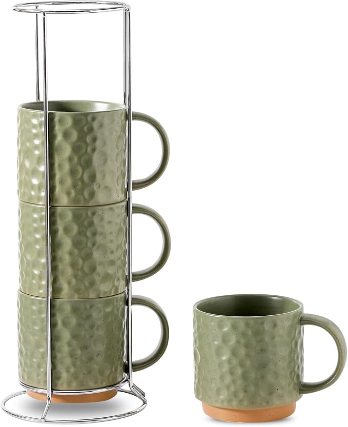 Nihow 16 Oz Ceramic Coffee Mug Set of 4 with Stackable Stand,Matte Green | Stackable, Stainless Stand Included, Cappuccino & Tea, Hot/Cold Drinks, Dishwasher & Microwave Safe by Nihow