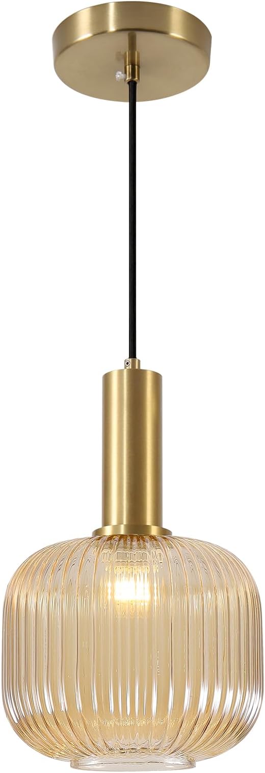 KCO Lighting MCM Gold 7.9" Amber Ribbed Glass Pendant Lights Kitchen Island | Adjustable Cord for Sloped Ceilings, E26 Base, Vintage Brushed Brass Hanging Light for Living Dining Room Hallway Bar Bedroom by KCOLighting