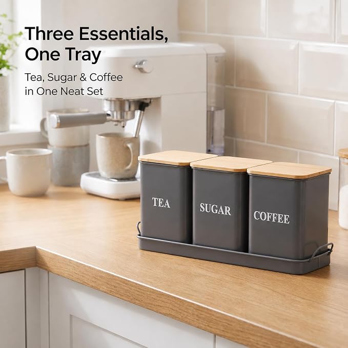Coffee Tea Sugar Container Set , 50 oz Metal Kitchen Canisters-Gray | Countertop Storage Containers with Wood Lids and Tray, Storage Canister for Coffee Bar, Pantry and Farmhouse Kitchen Decor - Image 6
