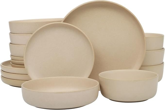 Gibson Elite Pasco 16 Piece (Service for 4) Plates and Bowls Double Bowl Reactive Glaze Dishes Stoneware Ceramic Dinnerware Set - Cream by GibsonHomewares