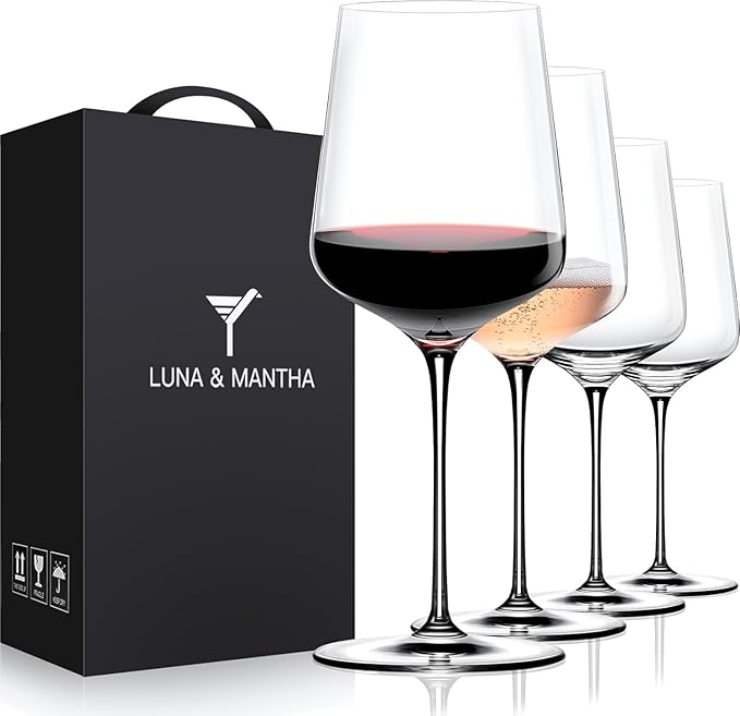 Red Wine Glasses Set of 4, 15oz Crystal Hand Blown, Long Stem, Gift | Clear, Wtite Wine Glass, Ideal Gift for Set, Toasting at Weddings or Birthdays, Daily Use by LUNAMANTHA