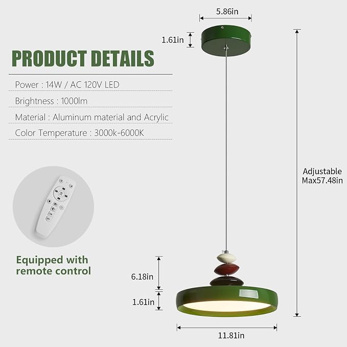 Modern Pendant Lights,Green 12" LED Pendant Lighting Fixture with Remote Control Dimmable 3 Color Mode & Brightness, Adjustable Hanging Lamp for Kitchen Dining Room Bedroom Kitchen Island - Image 2