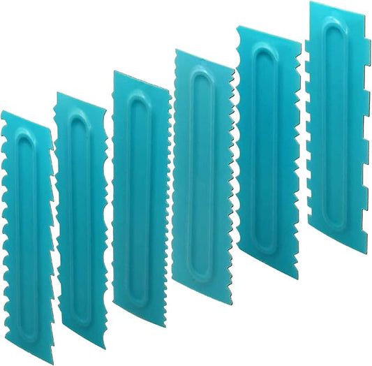 Antallcky Cake Scraper Polisher Set of 6 Pack Decorating Comb and Icing Smoother Mousse Butter Cream Cake Edge Tools, Plastic Sawtooth 12 Design Textures-Blue