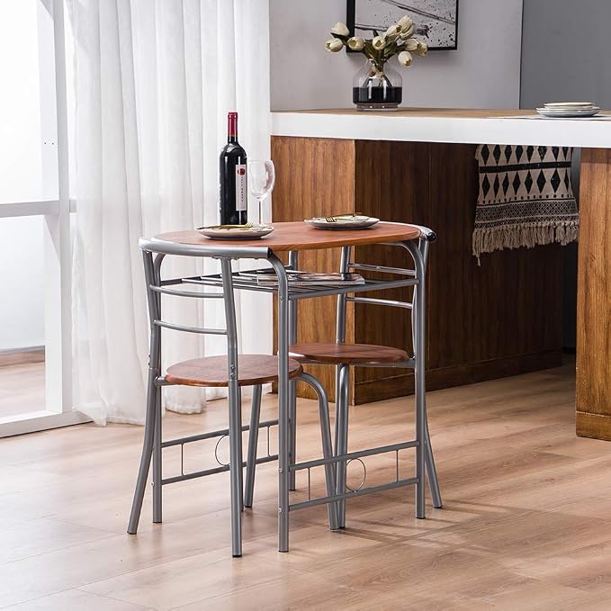 VINGLI 3 Piece Dining Set, Small Kitchen Table Set for 2, Breakfast Table Set, Kitchen Wooden Table with 2 Chairs for Small Space/Dining Room/Apartment, Metal Frame, Wine Rack, Russet - Image 5