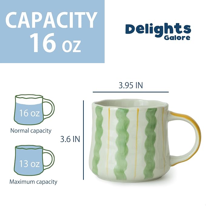 Striped Ceramic Coffee Mug Set of 2 (16oz) - Handmade Look Tea Cups with Yellow/Green Handles, Microwave Safe, Durable Daily Drinkware - Image 8