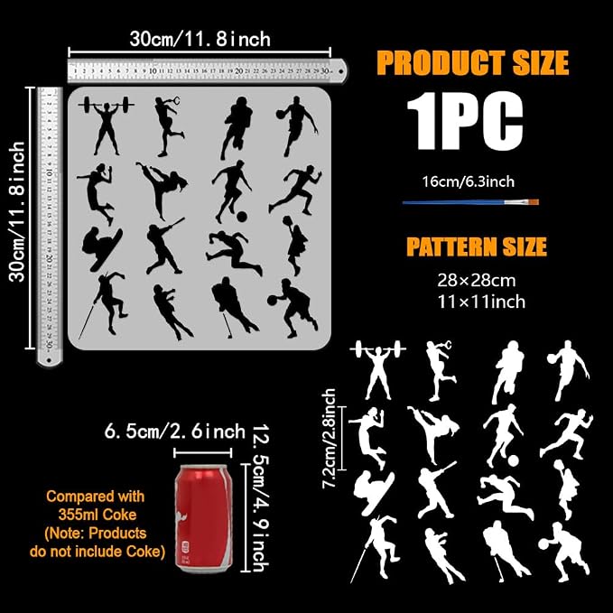 FINGERINSPIRE Athletes Silhouette Stencil for Painting with Brush 11.8x11.8inch Reusable Cheering Squad Template Hollowed Football Basketball Stencil Plastic PET Sports Theme Template for DIY Crafts - Image 2