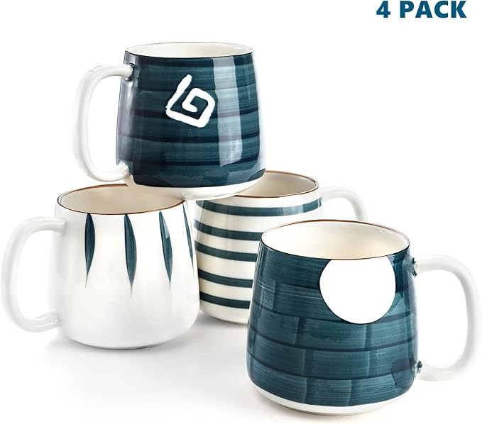 DEAYOU Set of 4 Porcelain Coffee Mugs, 17 Oz Ceramic Coffee Cups with Handles, Large Hand-Painted Tea Cups for Cappucino, Milk, Latte, Cocoa, Hot or Cold Drinks, Microwave & Dishwasher Safe - Image 3