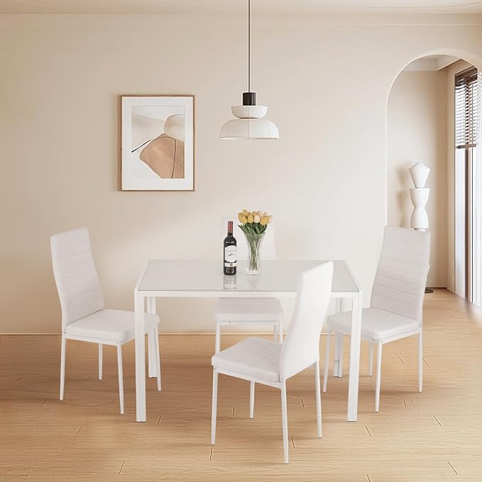 FDW | 5-Piece Dining Table Set | White | Glass Kitchen Table with 4 Upholstered Chairs and Faux Leather Cushions | Space-Saving and Modern Design | for Dining Room, Easy to Assemble - Image 2