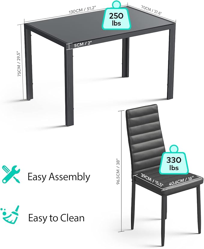 Gizoon Black 7 Piece Glass Dining Table Set, Kitchen Table and Chairs Set | PU Leather Modern Dining Room Furniture,Dining Table Sets,Space Saving Table and Chairs Set for Home, Kitchen, Living Room - Image 3