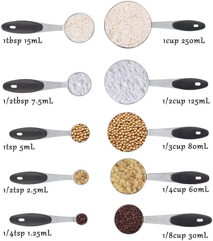 Measuring Cups and Spoons Set, Set of 10 Stainless Steel Measuring Cups and Spoons Stackable with Silicone Handles for Kitchen Cooking Baking