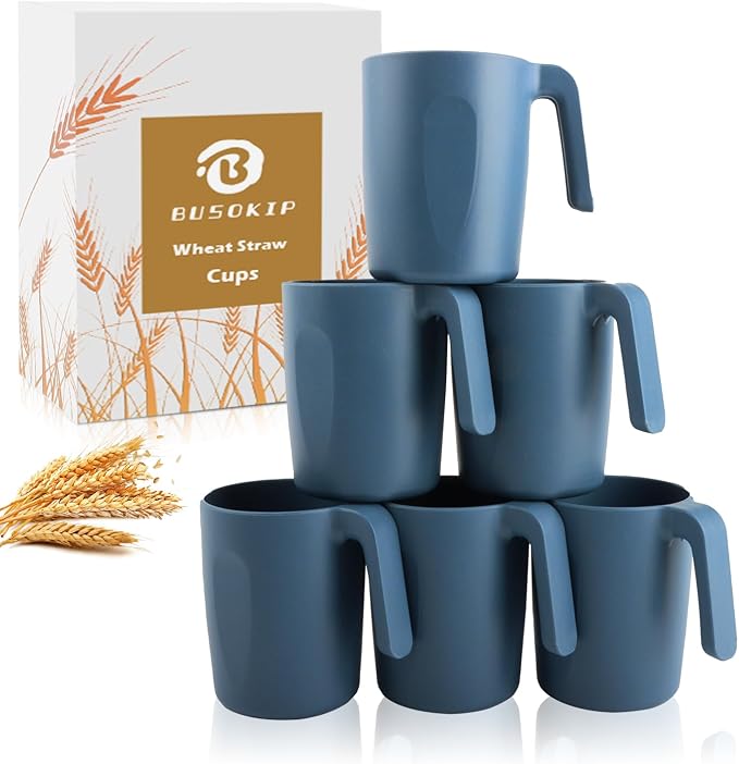 Wheat Straw Coffee Mugs 16 oz, Drinking Cups Set of 6, Plastic Mugs With Handle Unbreakable Coffee Cups, Microwave and Dishwasher Safe Tea Cups for Kitchen, Camping, RV - Blue by BUSOKIP