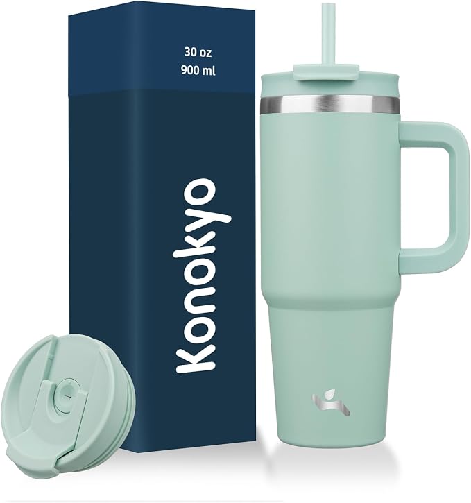 Konokyo 30 oz Insulated Tumbler Water Bottle with Handle, Straw Lid | BPA-free and dishwasher safe; made for gym, travel, coffee and gifting, 2 straws, cup holder friendly,Retro Green by Konokyo