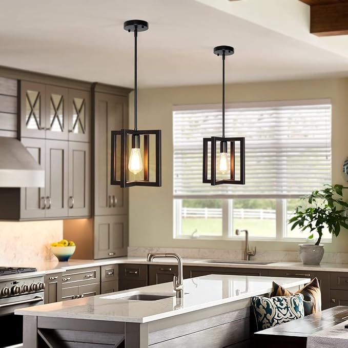 Modern Pendant Lighting for Kitchen Island 1-Light Farmhouse Black Light Fixtures Hanging Adjustable Small Square Chandeliers Ceiling for Dining Room Entryway Hallway - Image 2