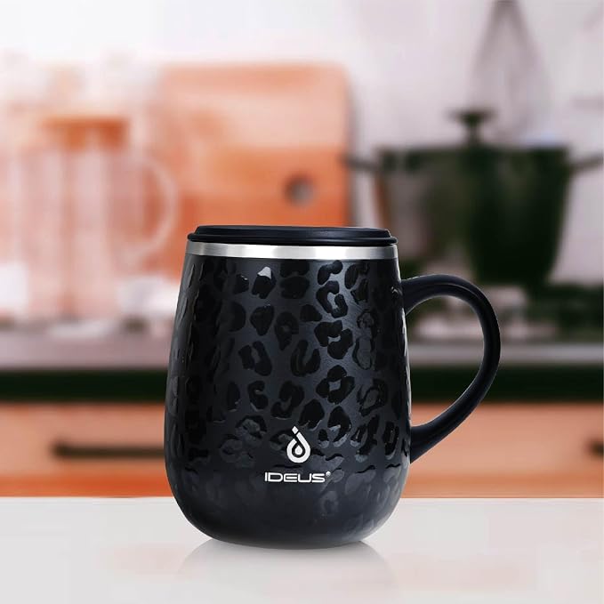Ideus 16 oz (470 ml) Insulated Coffee Mug with Handle and Lid, Double Wall Stainless Steel Vacuum Thermal Coffee Mug, Travel Coffee Cup Thermal Cup for Home and Office, Leopard Black - Image 8