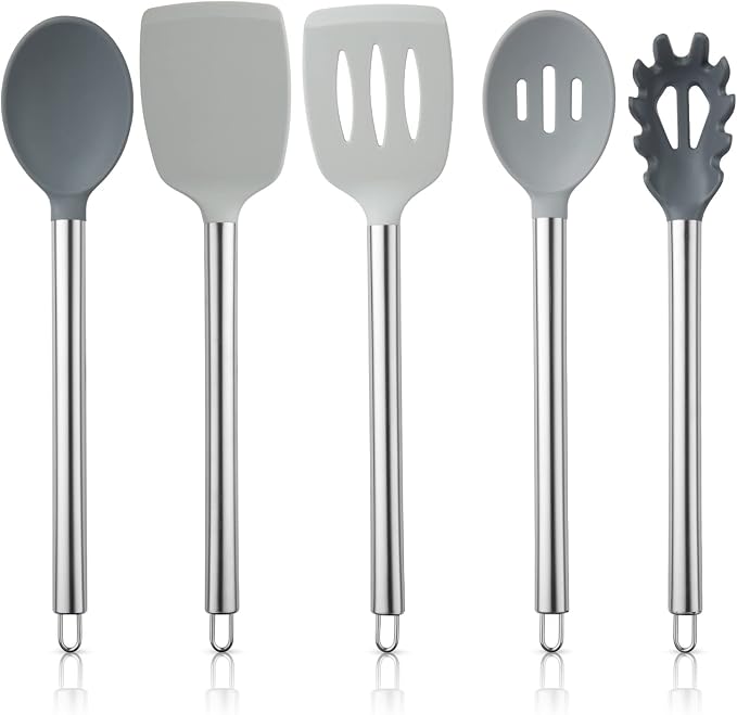 COOK WITH COLOR Silicone Cooking Utensils, Kitchen Utensil Set, Easy to Clean Silicone Kitchen Utensils, Cooking Utensils for Nonstick Cookware, Kitchen Gadgets Set, 5 Pieces, Grey Ombre by CookwithColor