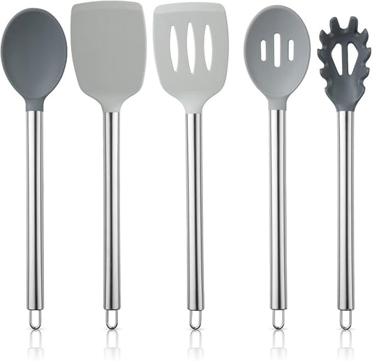 COOK WITH COLOR Silicone Cooking Utensils, Kitchen Utensil Set, Easy to Clean Silicone Kitchen Utensils, Cooking Utensils for Nonstick Cookware, Kitchen Gadgets Set, 5 Pieces, Grey Ombre by CookwithColor