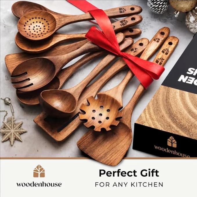 Wooden Spoons for Cooking, 10 Pcs Teak Wood Utensil Set for Nonstick | Durable, Heat Resistant & Food-Safe with Ergonomic Handles – Woodenhouse Kitchen Cookware - Image 8