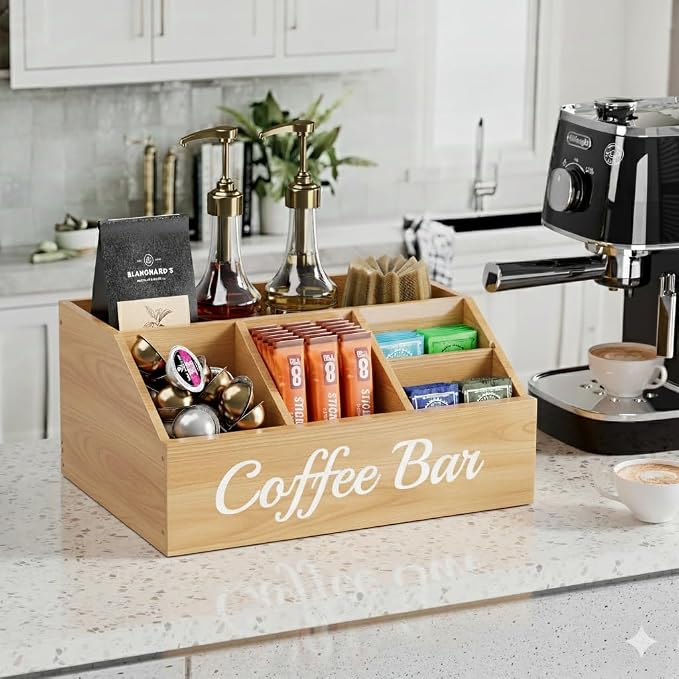 Coffee Station Organizer for Countertop – Wooden Coffee Bar Organizer with Adjustable Dividers,Holds K Cup Pod & syrup bottles, for Kitchen, Office, or Bar and Tea Station, Wood Color - Image 3