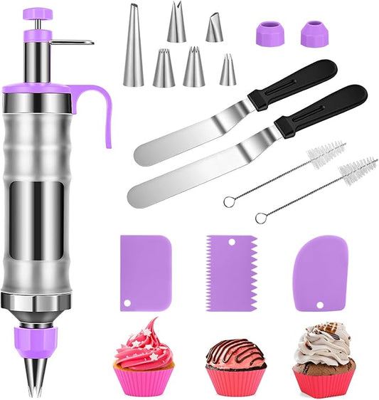 Dessert Decorating Syringe Set, Frosting Piping Kit Stainless Steels Cake Decorating Kit with 6 Icing Nozzles, 3 Cream Scraper, 2 Offset Spatula, 2 Nozzle Brush, 14 Baking Cups for Kitchen Baking