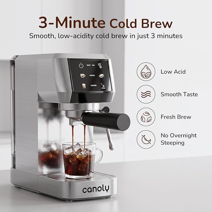 Canoly 2-in-1 Espresso Machine, Cold Brew Maker, 20 Bar Pump, Touchscreen | Steam Milk Frother for Cappuccino and Latte, Compact Home Espresso Maker, 9 Bar Extraction, Fast Heating, Easy Cleaning - Image 3