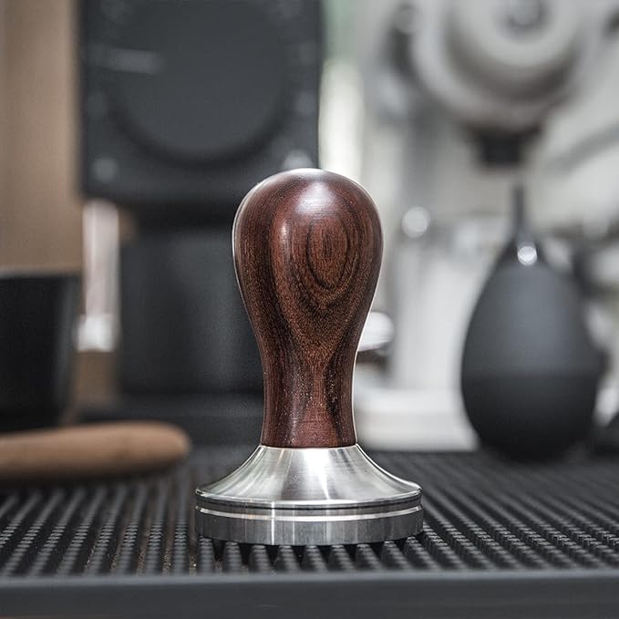 Coffee Tamper Espresso Press with Tamper Mat 304 Stainless Steel Flat Base Wooden Handle for Coffee Grounds Barista Espresso Machines Accessory (58MM)