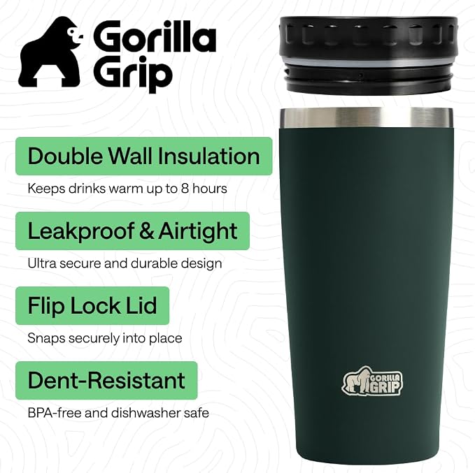GORILLA GRIP 304 Stainless Steel Double Insulated Travel Coffee Mug, Leakproof Lid with Smooth Sip Top, Prevent Spills, Dent Resistant Reusable Tumbler Cup, Thermal Mugs for Drinks, 20oz, Hunter Green - Image 2