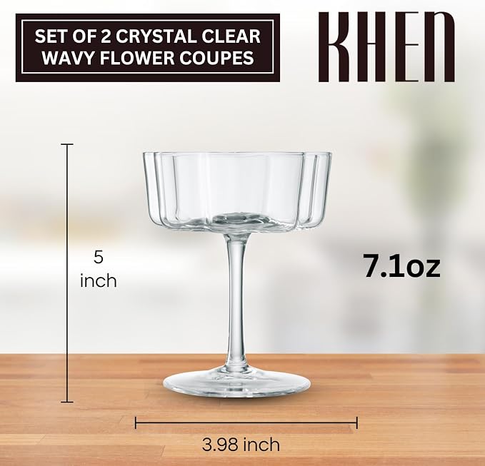 Khen Vintage Wavy Glass Coupes Martini, Champagne & Cocktail Coupes - Set of 2-7oz Colorful Cocktail Glasses & Champagne, Prosecco, Mimosa Glassware Copyright Design - Crystal Clear - Image 2
