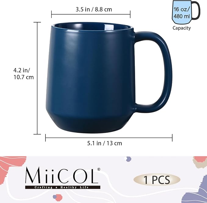 Miicol Ceramic Coffee Mug, 16 oz Large Coffee Cup, Tea Mug with Handle, Flat Bottom Mug for Men, Women, Office, Microwave and Dishwasher Safe, Multi-Color, Navy - Image 3