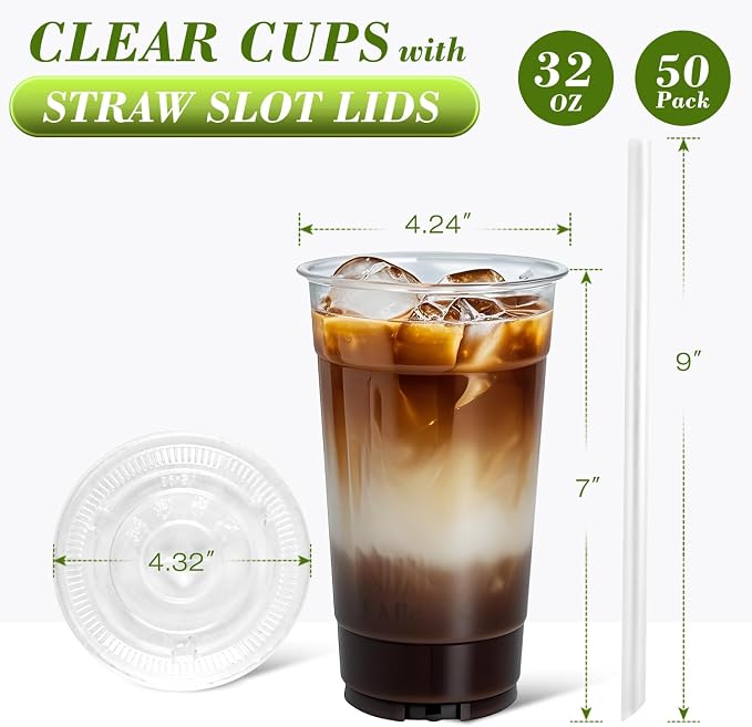 Ginkgo 32 oz Clear Plastic Cups with Lids and Jumbo Straws | Leak-Proof & Sturdy Disposable To Go Iced Coffee Cups for Smoothie, Boba Milk Tea - 50 Pack - Image 2