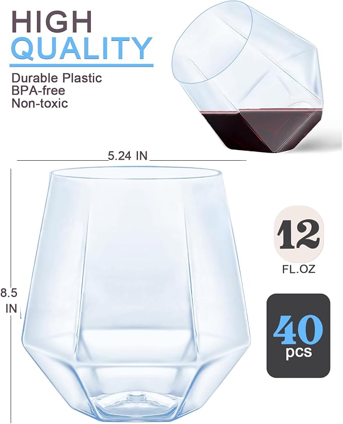 40 Pack Plastic Wine Glasses, 12 Oz Disposable Cocktail Whiskey Glasses | Diamond Stemless Champagne Margarita Glasses, Unbreakable Reusable Plastic Party Cups for Wedding Birthday (Blue) - Image 2