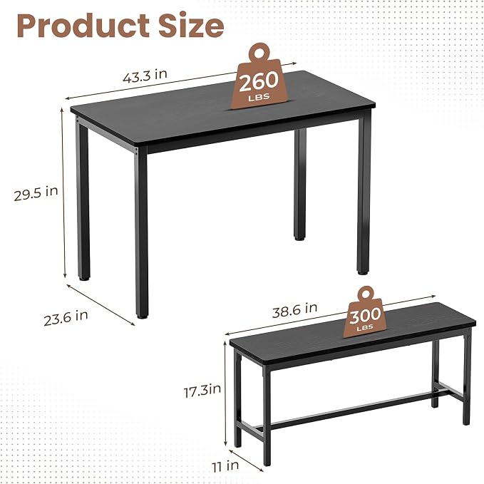 Dining Table Set for 4, Kitchen Table with 2 Benchs, Black | Modern Functional 3 Piece Space-Saving Dining Room Table Set for Apartment, Breakfast Nook, Small Space - Image 2
