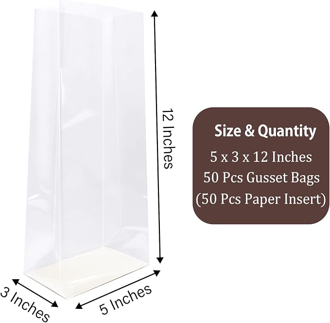 Morepack Gusseted Flat Bottom Cellophane Bags 5x3x12 In 50Pcs | Gusseted Cello Bags with Paper Insert (Bow and Ribbon Not Included) - Image 2