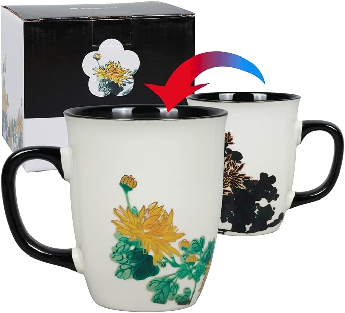 Funny Ceramic Magic Heat Color Changing Art Coffee Tea Mug Gold Chrysanthemum Printing Porcelain Mugs for Women Personalized White Green Tea Cup 16 oz Large coffee Mugs for Mom Girl Grandma - Image 3