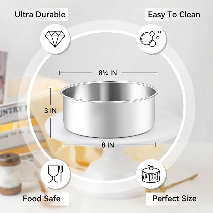 Leonyo 8 Inch Cake Pan, Stainless Steel Circle Baking Pans Set, 3 Pieces Round Layer Cake Tin for Wedding Birthday, Even Heating, Non Toxic & Healthy, Heavy-Duty, Dishwasher Safe - Image 2